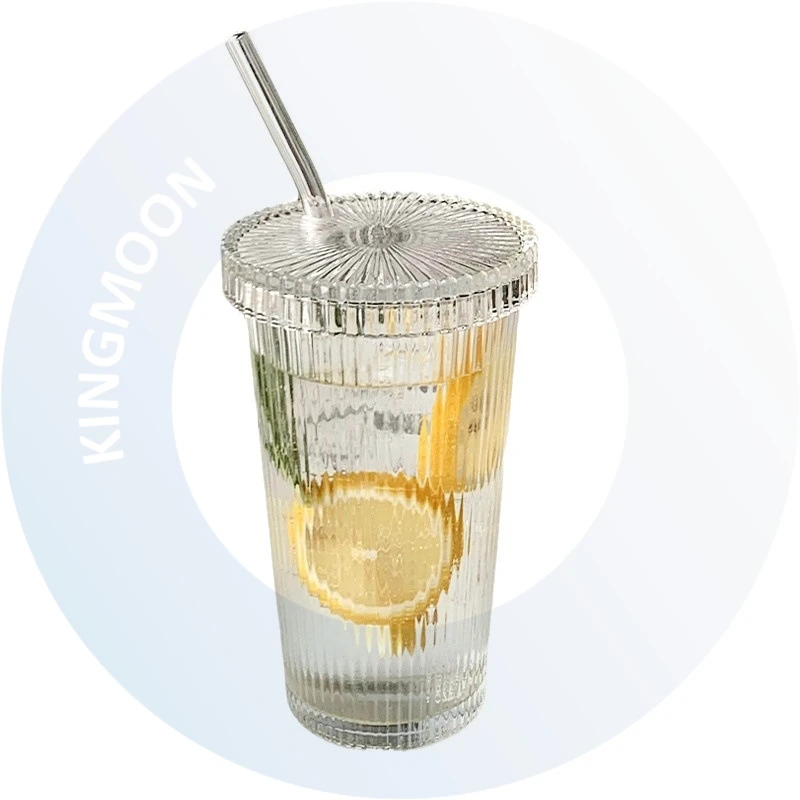 375ml Transparent Bubble Tea Cup Simple Ribbed Vertical Stripes Glass Cup With Lid And Straw