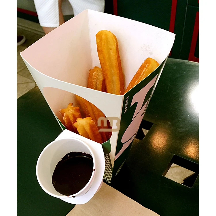 Custom Food Take Away French Fries Paper Box Disposable Paper Churros Box With Dip Sauce Holes Cones Packaging Box For Churros