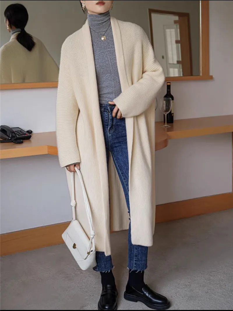 Winter thick knitted long sweaters cardigan casual loose pullover maxi knitwear plain rib midi cardigans for women