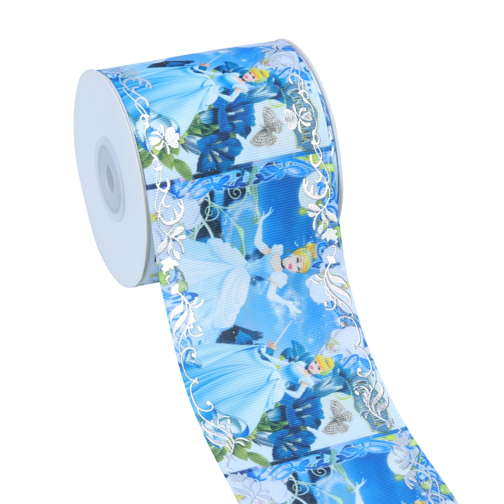 Princess Design Blue White Heat Transfer Hologram Printed Foiled Grosgrain Ribbon for Hair Bows