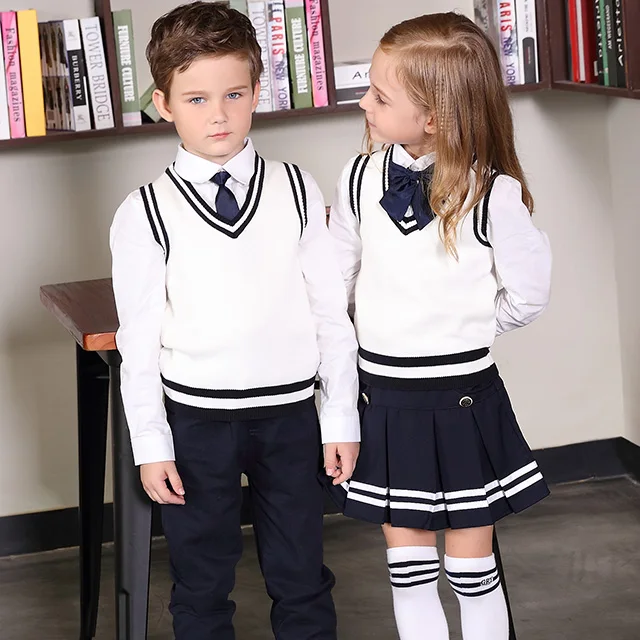 Woven child dress school uniform Primary/Middle school uniform suit Sweater Vest design school uniform For Spring And Autumn