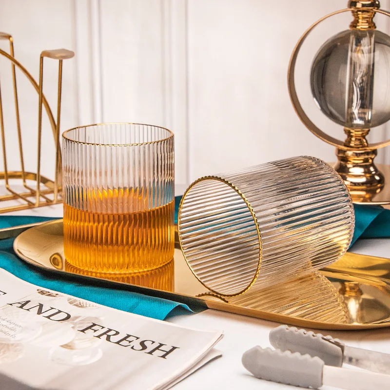 Ribbed Straight Cup Vertical Stripes Heat-resistant Glass Water Glass Whiskey Glass Breakfast Cup with Gold Rim