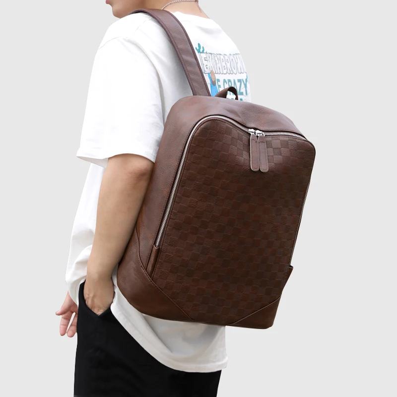 Lattice Custom Leather Laptop Backpacks Logo Classical Travel Bag for Men Customized Male Portable Polyester Unisex Geometric