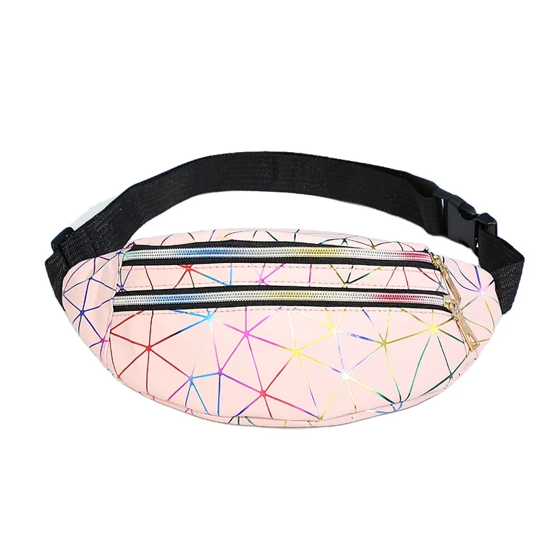 Custom fashion pu sports belt bag bum laser waterproof women holographic wasit bag pink girl fanny pack ladies