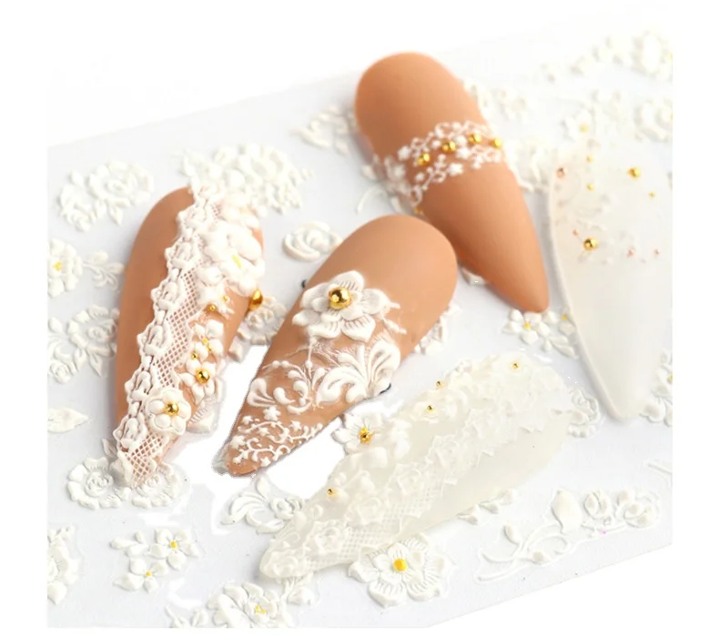 5D Exquisite Embossed Nail Art Supplies Self-Adhesive Nail Art Decoration White  Petals Flowers French Mandala Carving Design