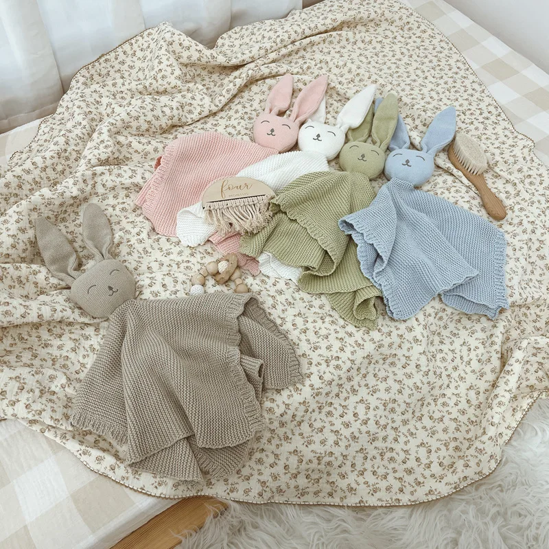 New Hot Selling Baby Lovey 100% Cotton Newborn Comforter with Bunny Pattern Knitted Security Blanket and Rabbit Toy