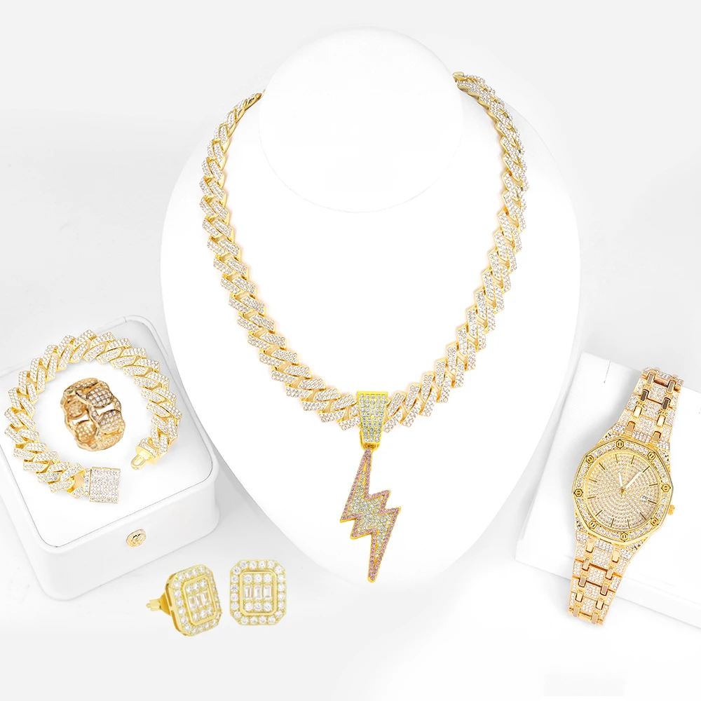 Hip Hop watch+bracelet +Necklace+ pendant+Ring+earrings Set Fashion Charm Iced Out Cuba Chain Necklace With Bracelet set reloj