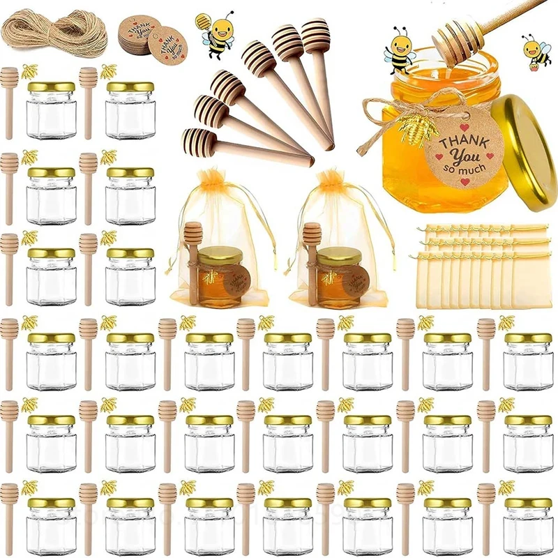 Wholesale 50ml Hexagonal Mini Honey Jar Wood Dipper Bee Jute Rope Small Glass Bottle For Gift Wedding