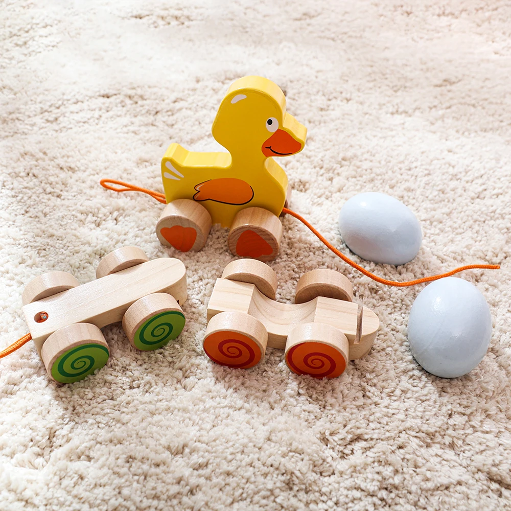 Baby Pull Along Pull String Duck String Line Hand Push Pull Rope Dragging Wooden Animal Cart Toy