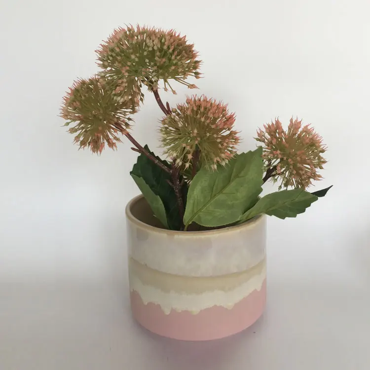 Wholesale Metal Stand Glazed Pink Flower Vases Stoneware Porcelain Ceramic Planter Flower Succulent Cactus Vase Pots