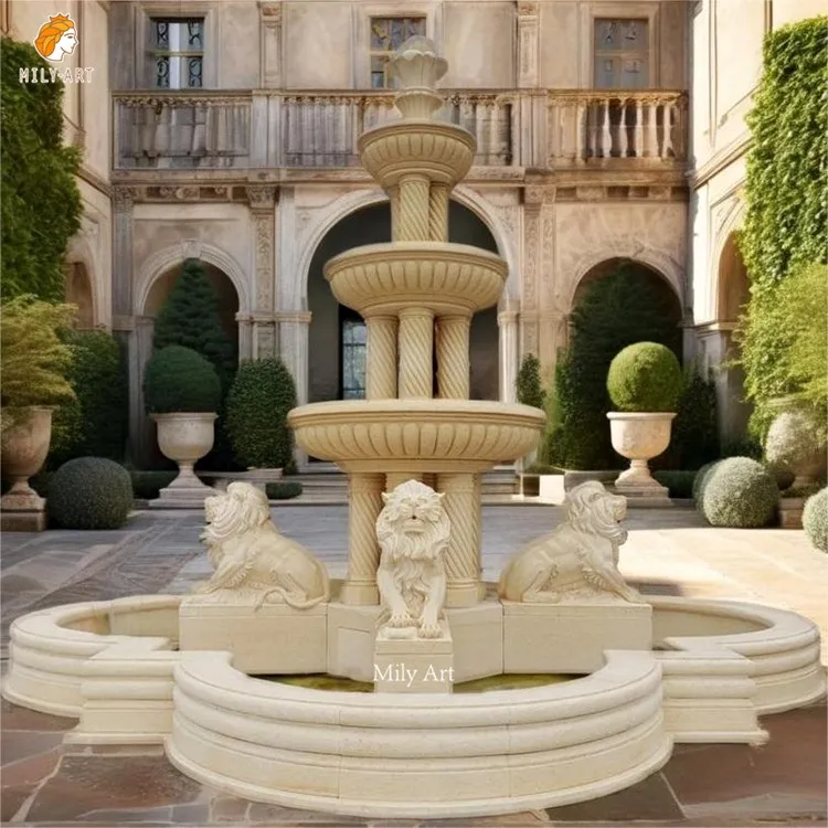Outdoor Garden Decorative Beige Marble Stone Water Fountain with Column