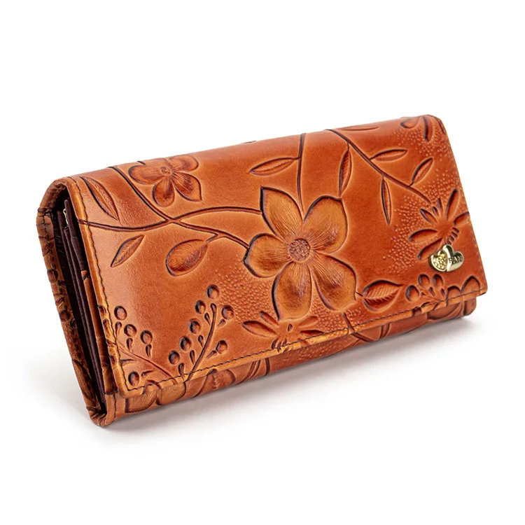 High Quality Retro Style Women Genuine Leather Long Wallets Ladies Purses Handbag Clutch Flower Embossed Wallets for Women