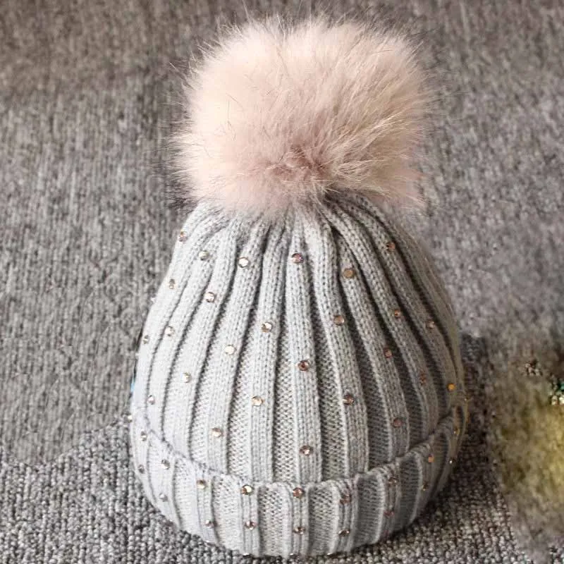 New Arrive Baby Glisten Pompom Ball Beanie Hat Winter Warm Kids Rhinestone Hats Knitted Toddler Sequins Pom Pom Beanies