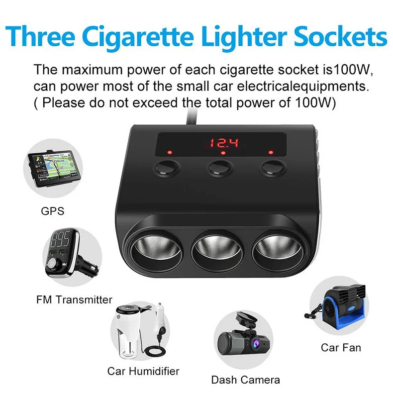 100w High-power 1 Drag 3 Cigarette Lighter Ports 4-port Usb Multi Socket Car Charger With On Off Switch