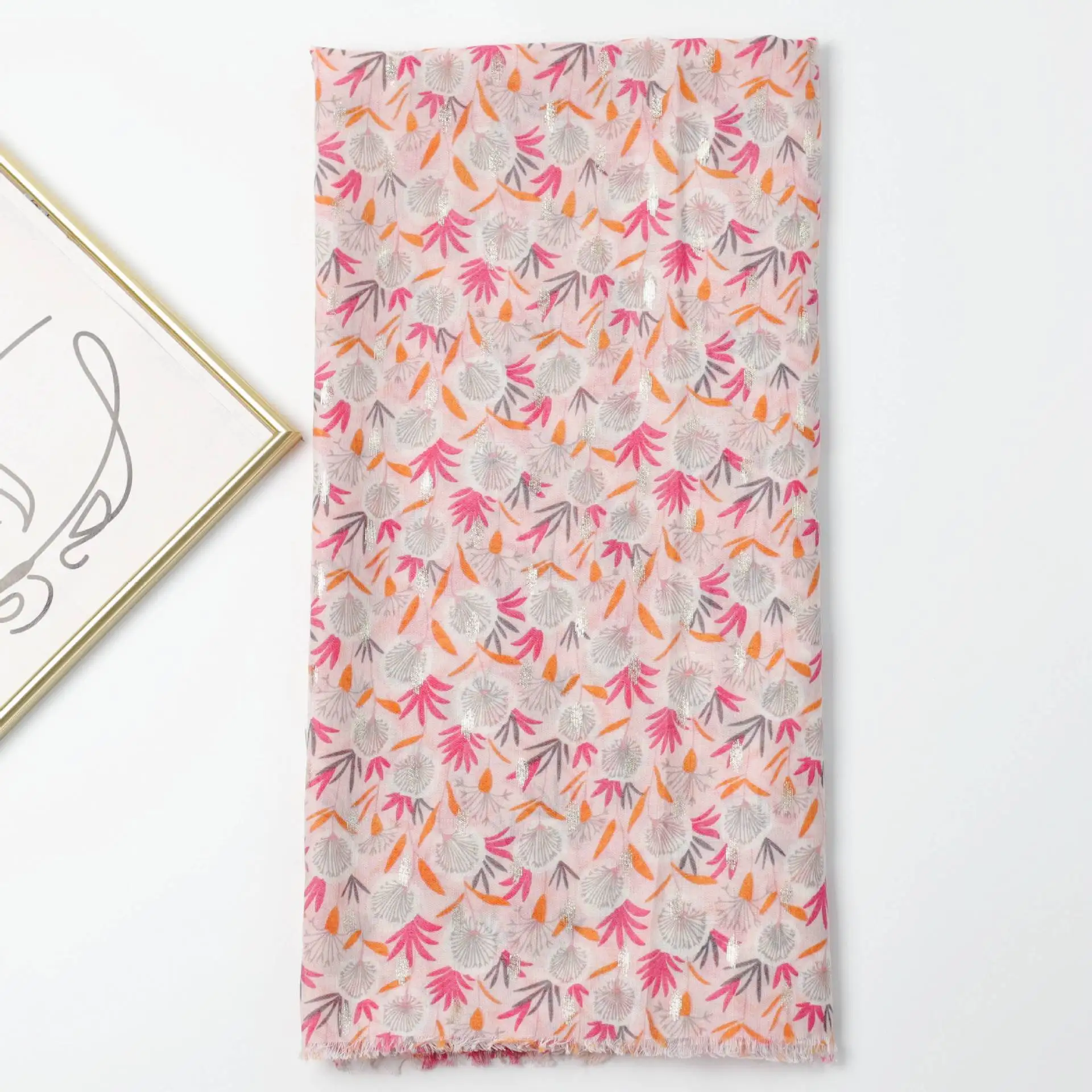 OEM ODM Custom Design Pink Floral Printed Scarves Hijab Spring High Quality Fashion Soft Viscose Cotton Shawls Scarf for Women