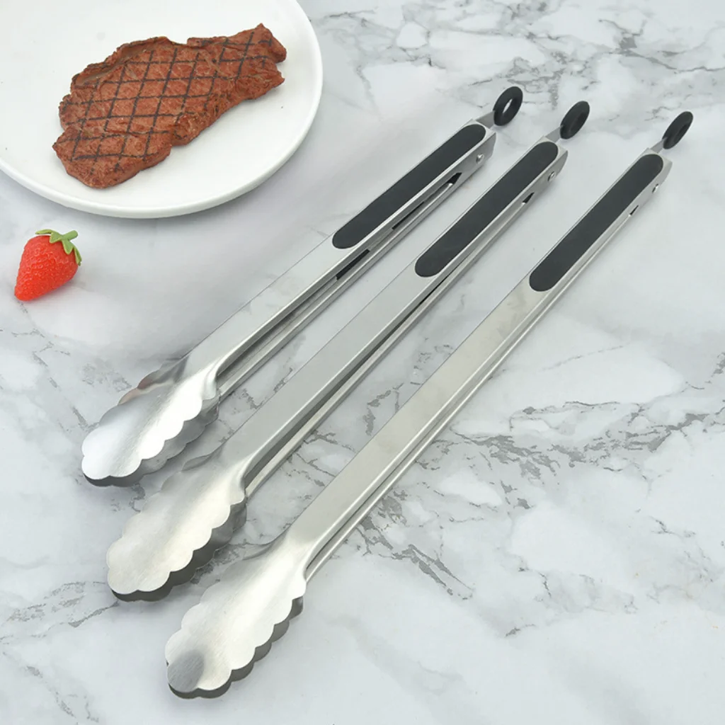 9,12 ,16 inch Food Tongs  Kitchen Stainless Steel TPR Handle Tongs for Barbecue Service Bread Clips Tongs