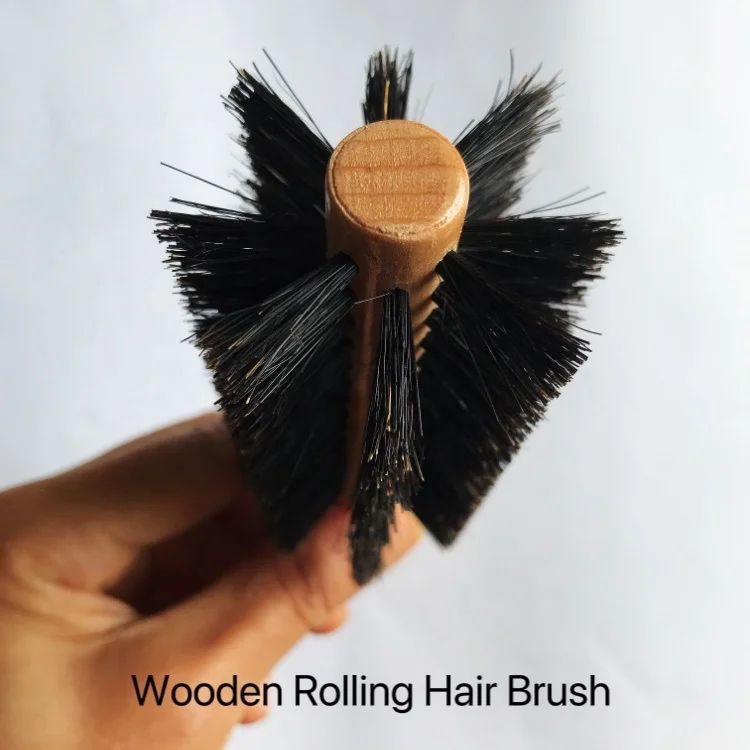 Custom Logo Professional Factory Round Hair Brush Wooden Handle Boar Bristle Styling Hair Scalp Message Brush