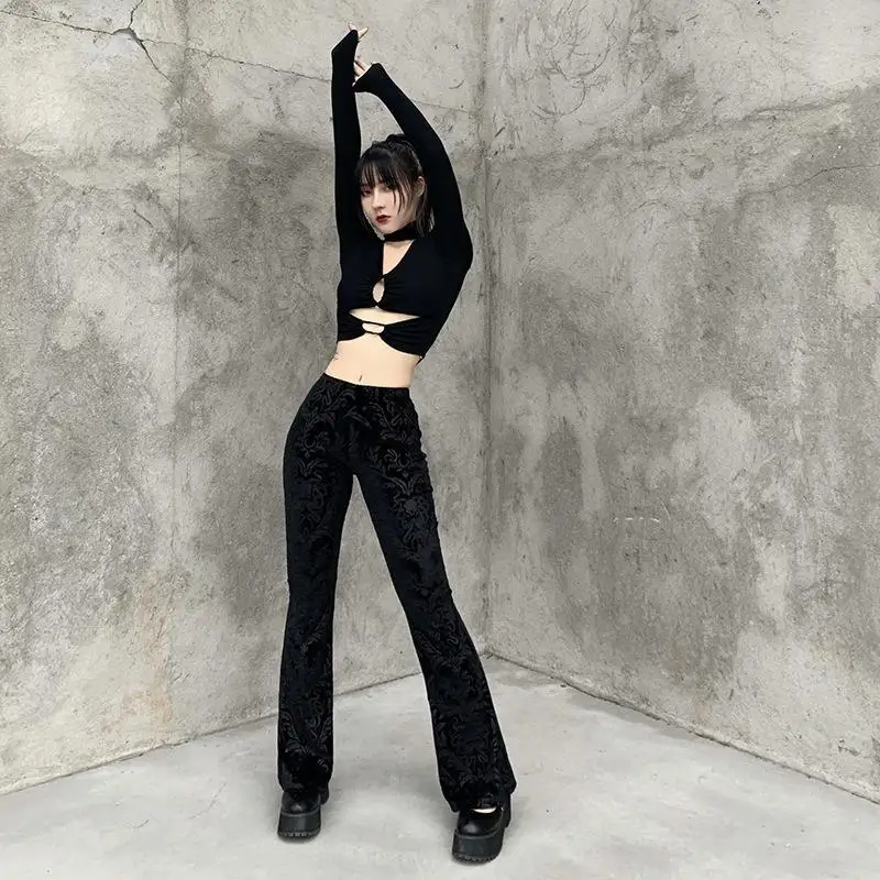 2024 Gothic Style Retro Black Bell-bottoms Pants Women Personalized Embossed Casual Trousers