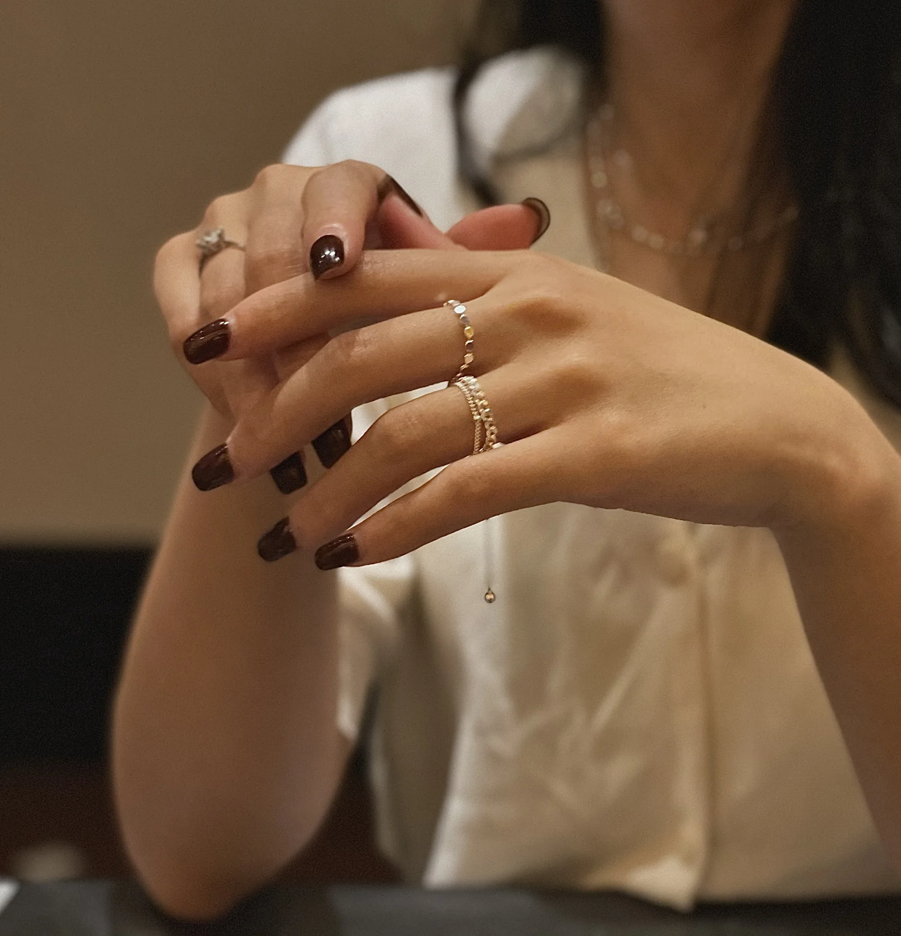 Fj S925silver Sparkling Double Layer Chain Ring Simple Twin Ring Bracelet