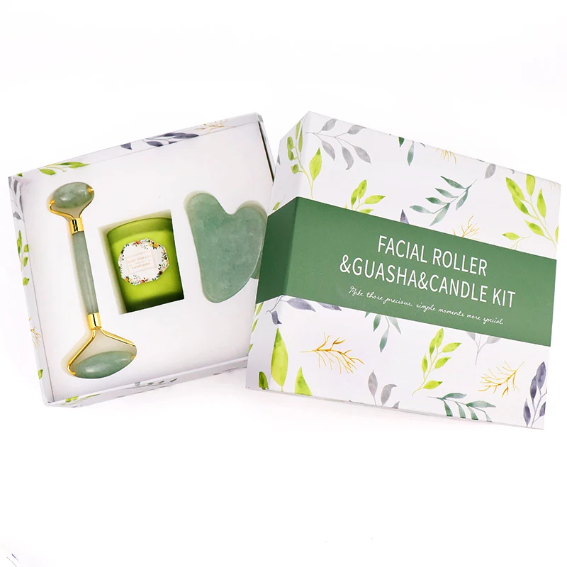 
 Роскошный оригинальный ручной работы натуральный зеленый камень нефритовый ролик для лица и набор свечей Gua Sha  