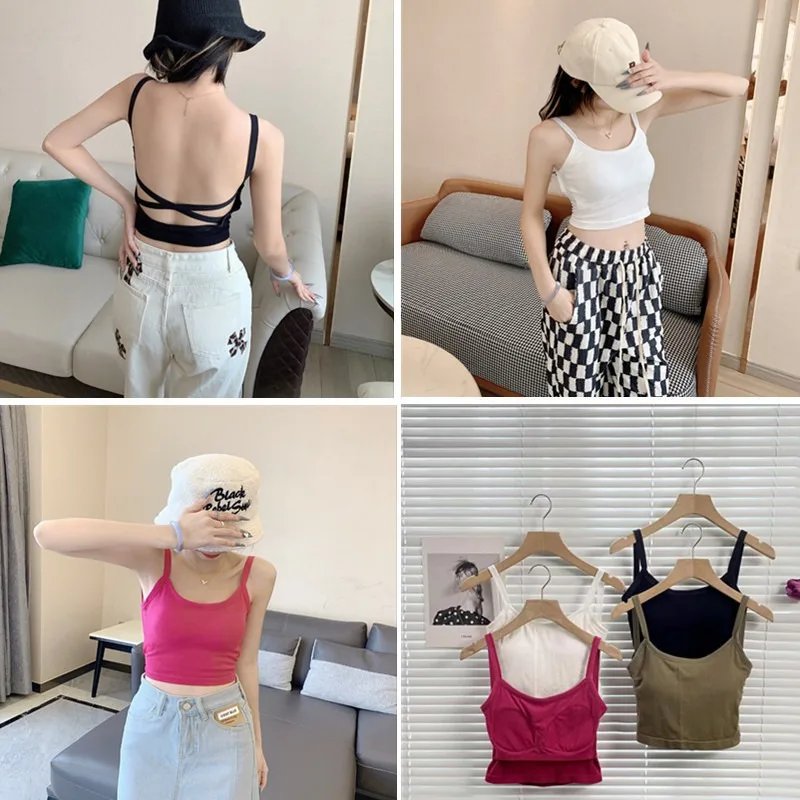 Summer Beautyback Vest Top Women Nylon Short Sleeveless Korean Comfort Underwear Slinky Padded Bra Wrap Vest Cross Top Tank Top