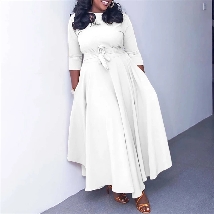 New Arrival Spring Fall African Ladies Midi loose Church Dress Women Elegant Long Dresses Solid color A-line Vestidos Plus Sizes