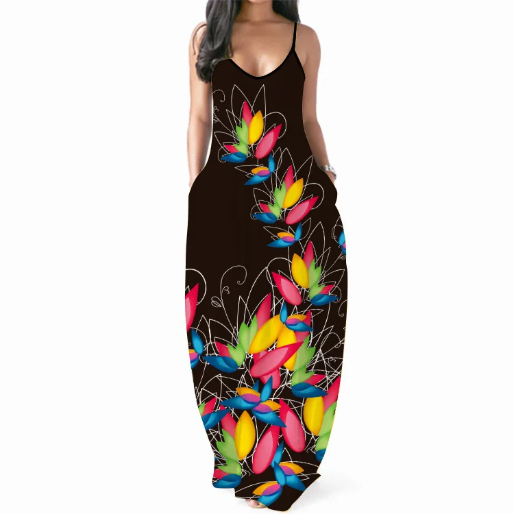 
2021 Zimmer Trendy Women Digital Printing Sexy V-Neck Long Skirt Suspender Dress 