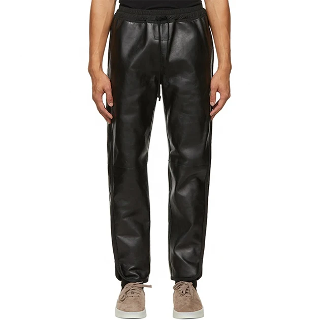 Black Straight Leg Pants Custom Loose Fit Faux Leather Track jogger Pants Men