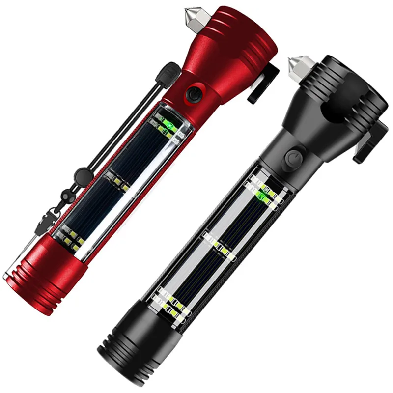 Latest Super Bright Car Safety Hammer LED + COB Side Light Type-C and Solar Charge Compass Flashlight Torch Light with Siren