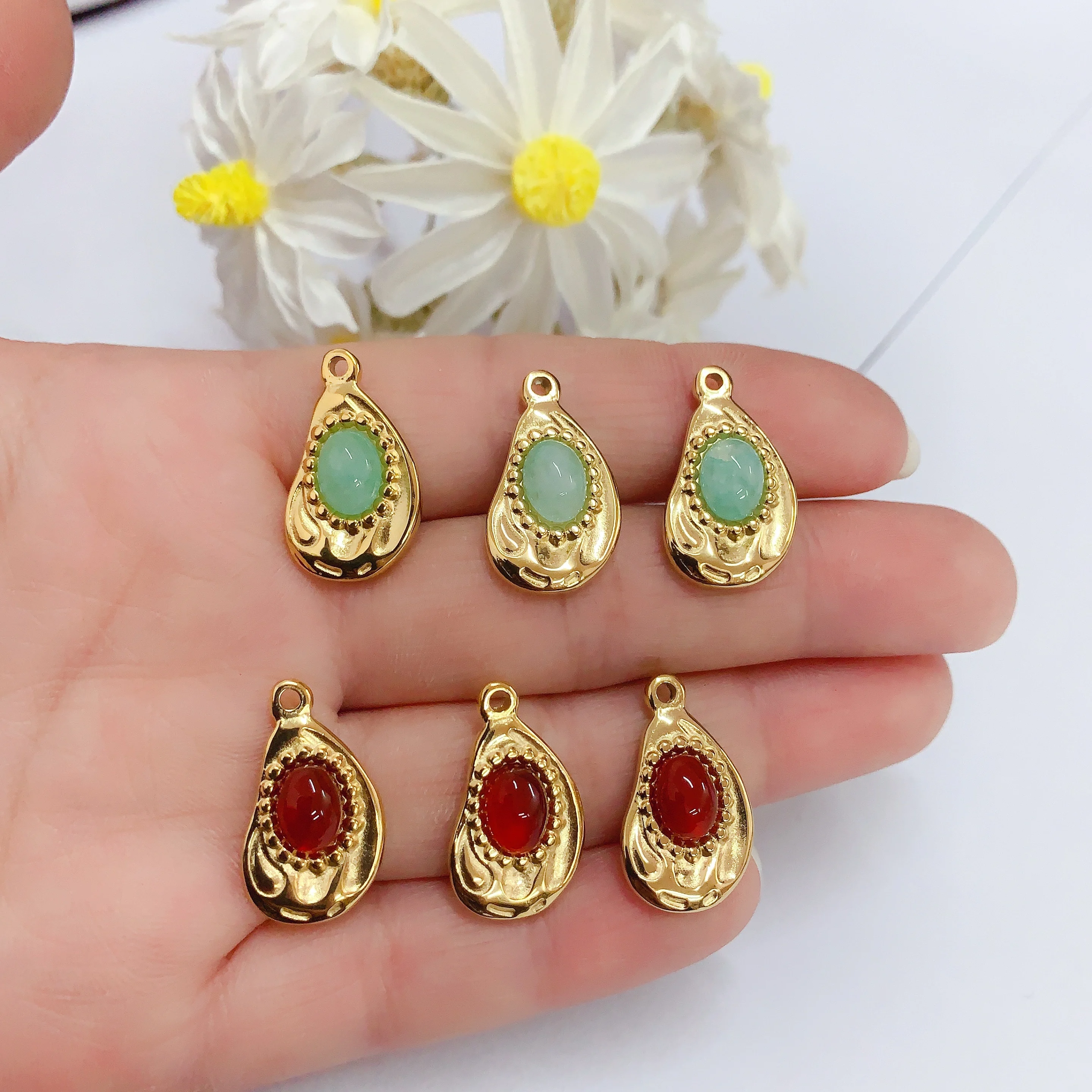 ethnic style gold brass round oval shape jade stone pendants heart shape gemstone charms for necklace