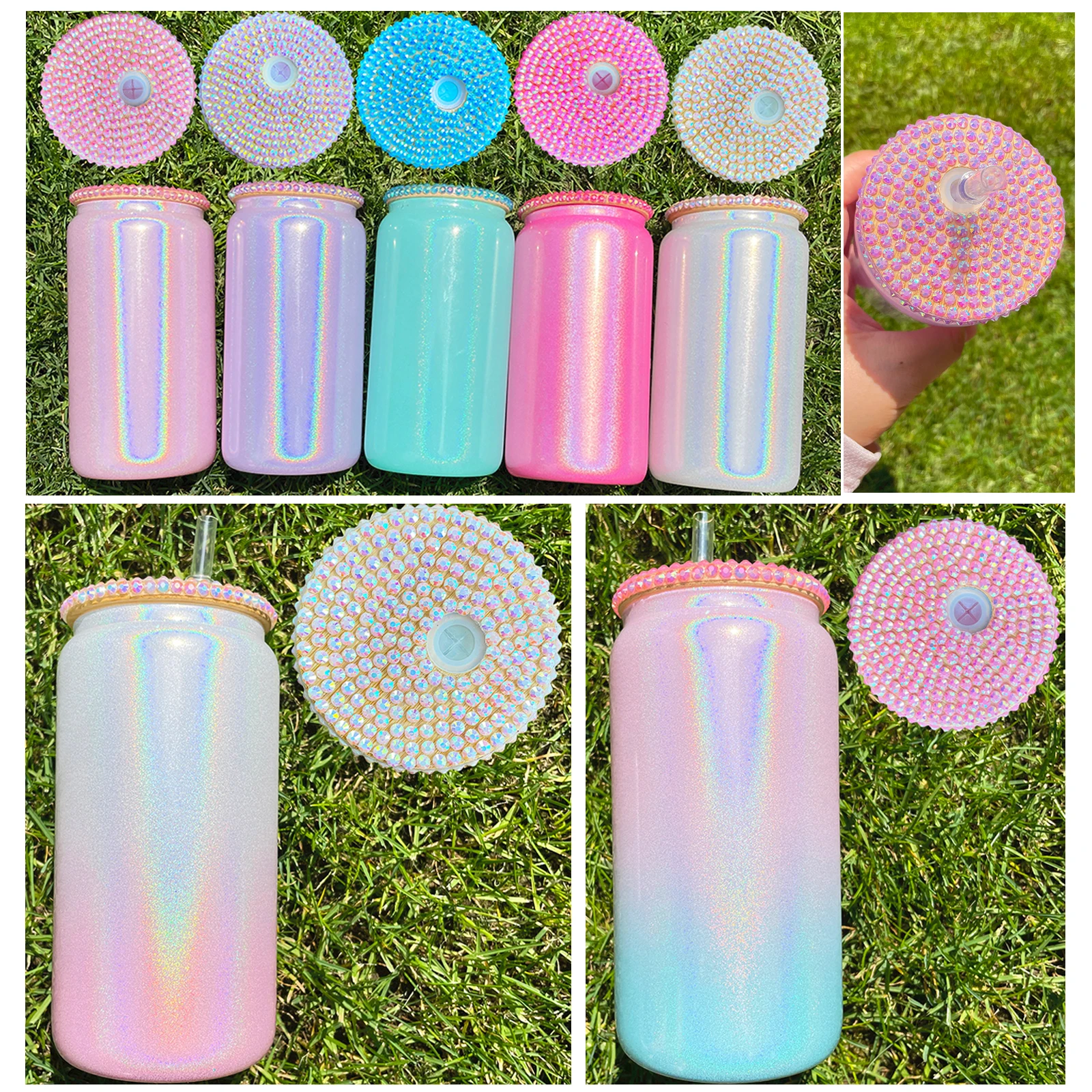 Wholesale Bulk 15oz 16oz bling lid sublimation shimmer glass can with bling lids and straws for Sublimation Heat Transfer