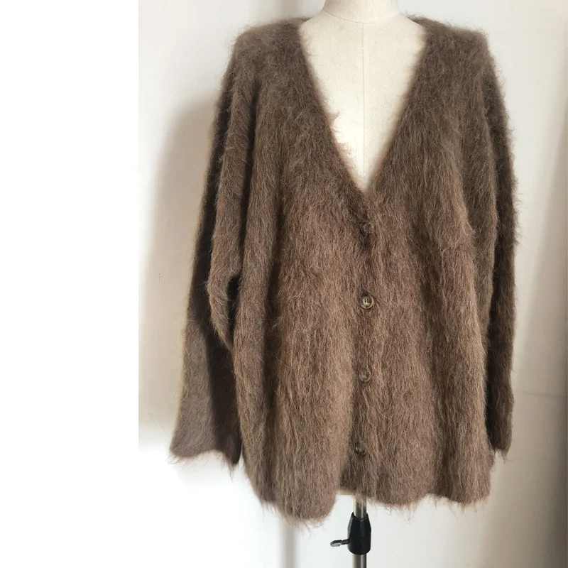 Custom Alpaca Sweater Women knitted cardigan Mohair lady V neck Brushed Fluffy