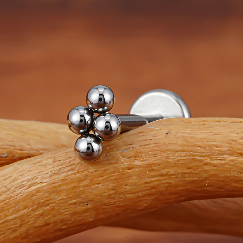 Right Grand ASTM F136 Titanium 16G Mini 4 Bead Cluster Labret Lip Ring Tragus Cartilage Helix Conch Earring Stud Nose Piercing