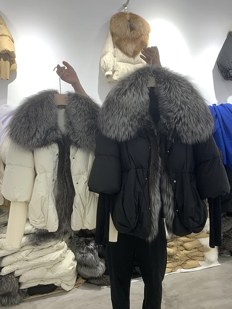 Factory Best Price Silver Fox Fur Collar Thickened Goose Winter Down Coat With Fur Collar