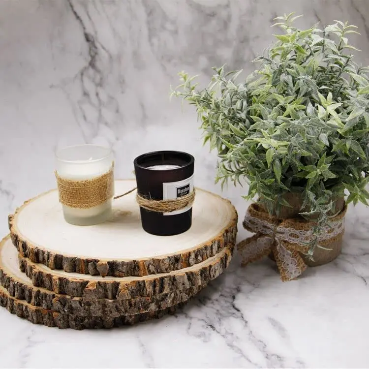 Large wooden centerpiece of unfinished wood chips natural blank wood pieces slice round