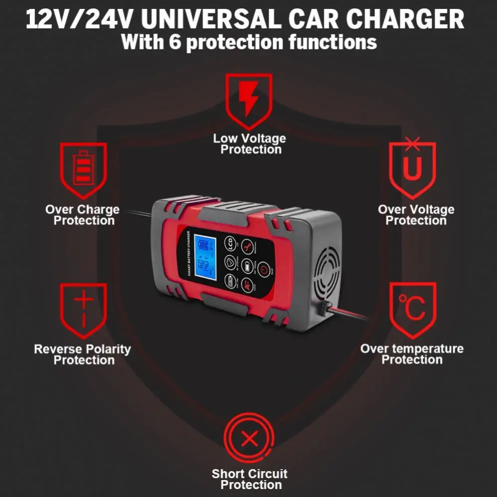 12V 24V Large Power 12A Universal Car Battery Charger Battery Charger Maintainer for Truck Car AGM Deep Cycle VRLA Pulse Repair