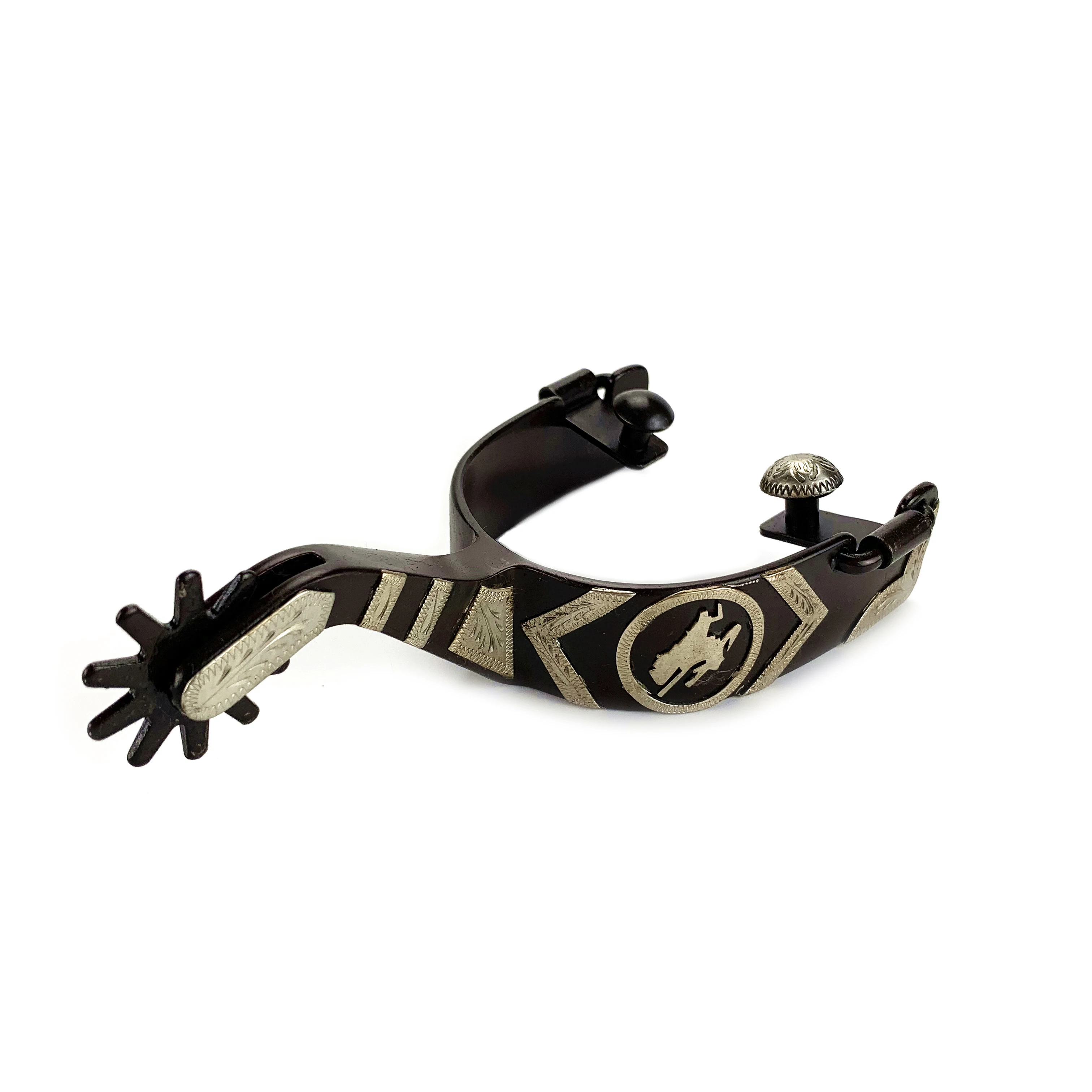 With GS Hand Engraved Bucking Cowboy Concho & Bar Trim Spur