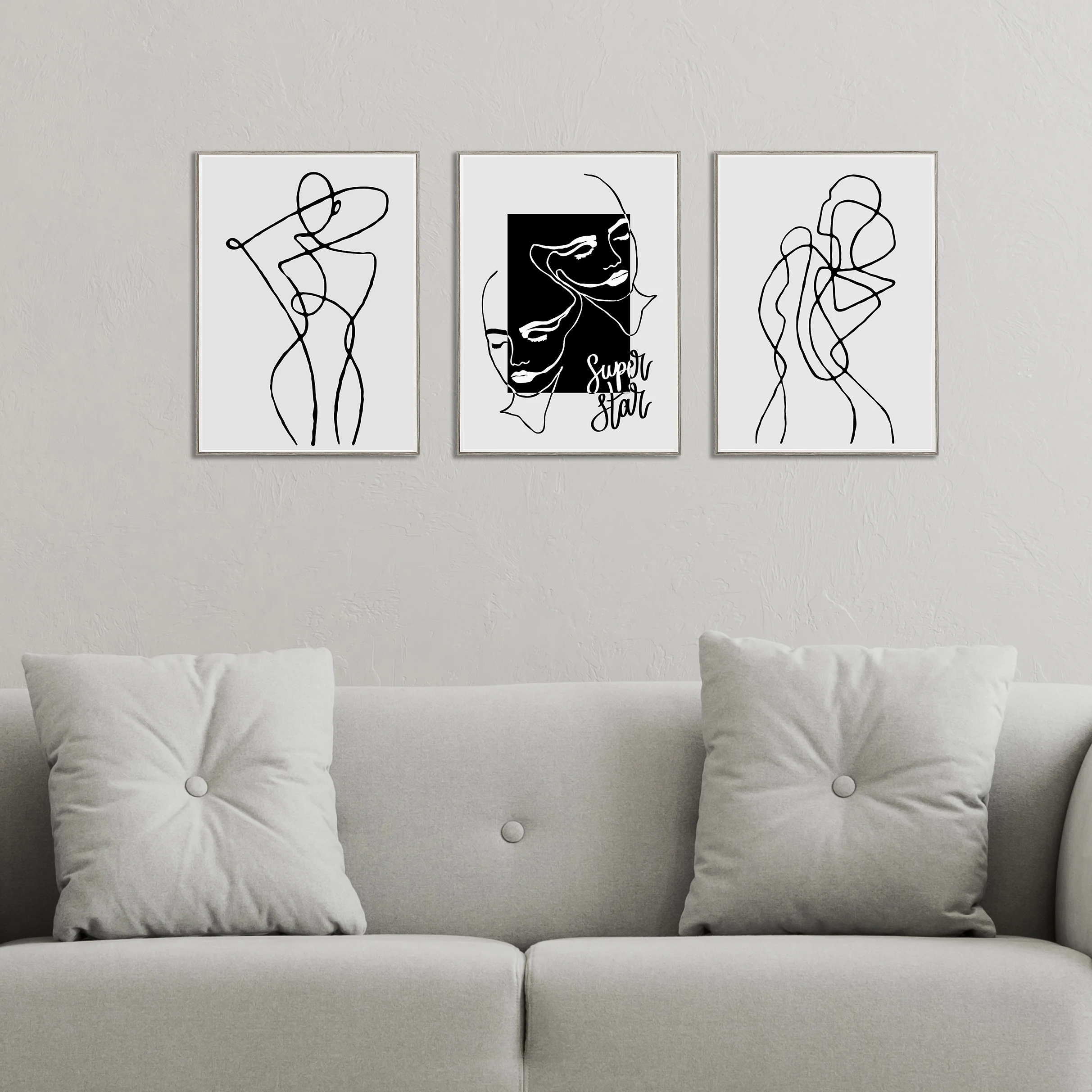 Modern Design Abstract Paintings Black And White Minimalist Line Woman Wood Framed Wall Art