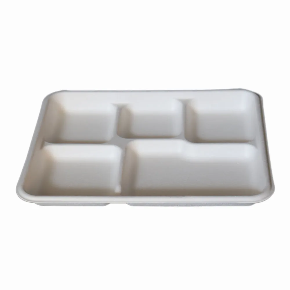 disposable 5 compartments biodegradable sugarcane bagasse pulp plates dishes