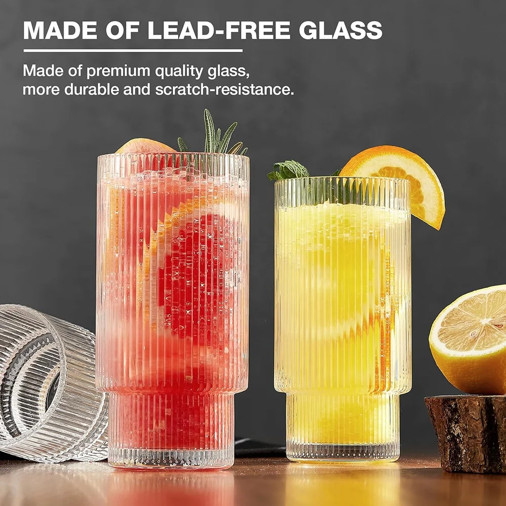 Glass Drink Cup Vintage Glasses 16OZ Ribbed Glassware for Water Iced Coffee Smoothie Juice