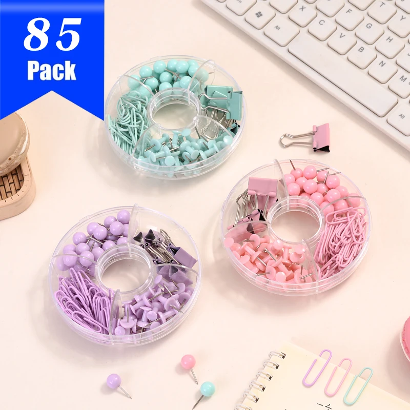 85-Piece Binder Clip Set Various Sizes Folding & Paper Clips Push Pins for Office School Home Use