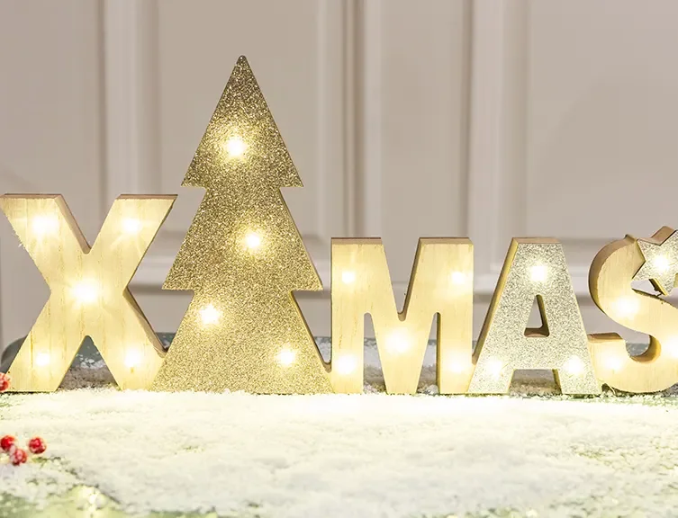 Newish new arrival H7.3inch gold glitter light up XMAS letter wooden decor  21LED christmas decoration light