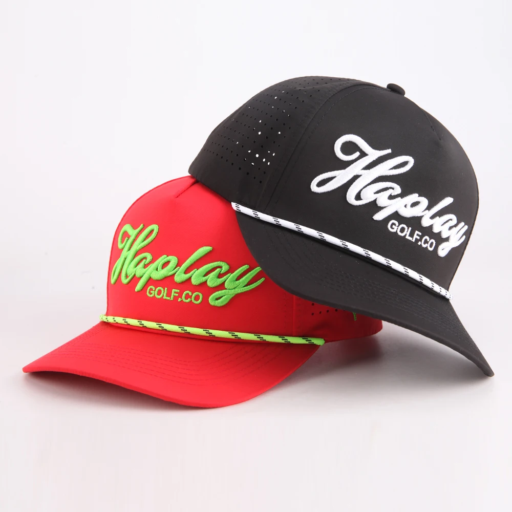 Factory Custom Fashion 3D Embroidery Laser Cut Perforated golf hat 5 Panel Curved Brim mens gorras baseball cap with Rope