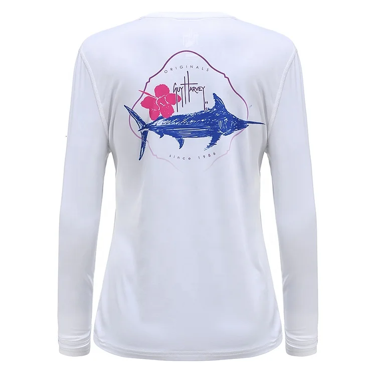 Hot wholesale Flower and Marlin white long sleeve womens fishing shirt