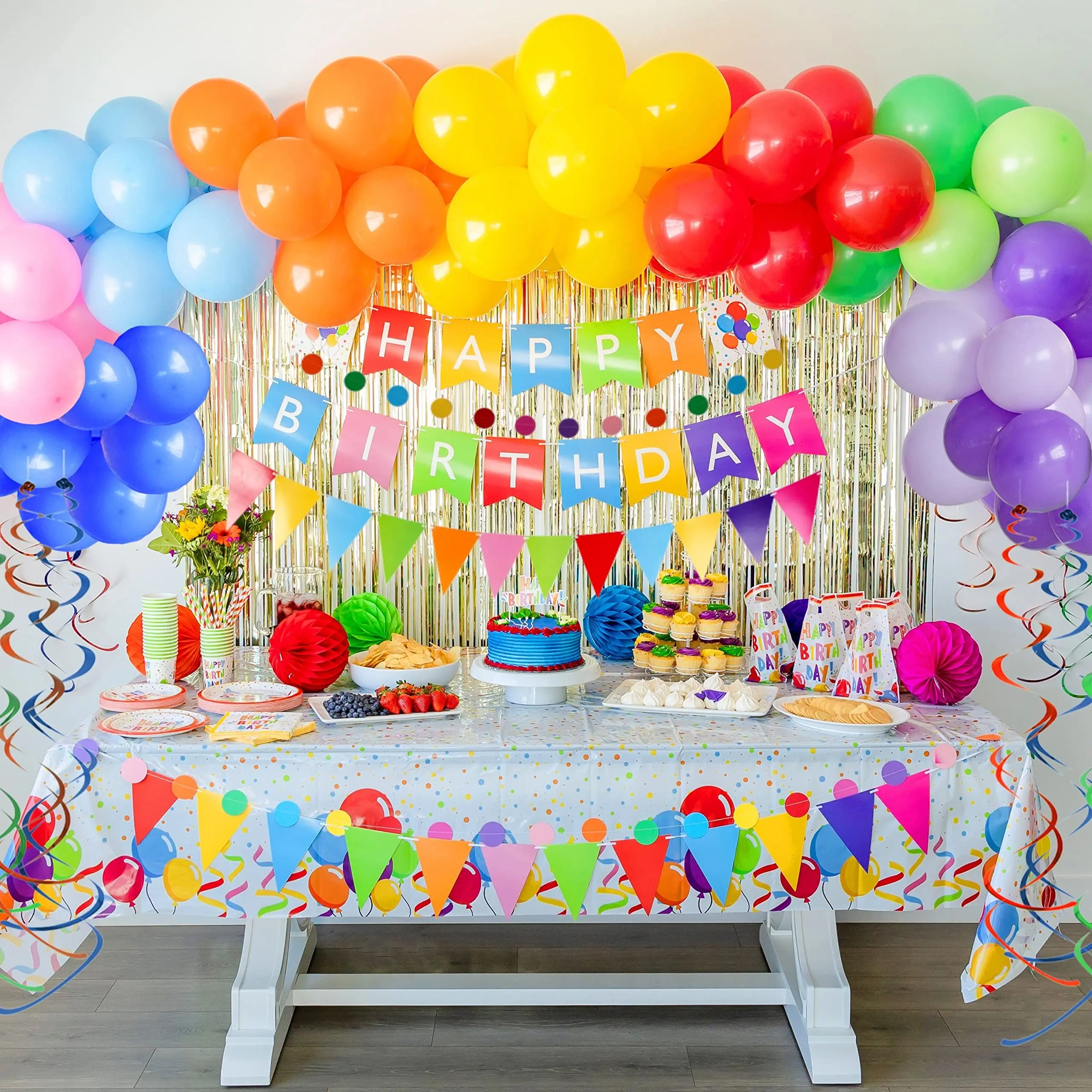 Birthday Party Decorations Banner Balloons Foil Curtains Tablecloth Swirl Honeycomb Cake Topper Plates Cups Napkins Straws