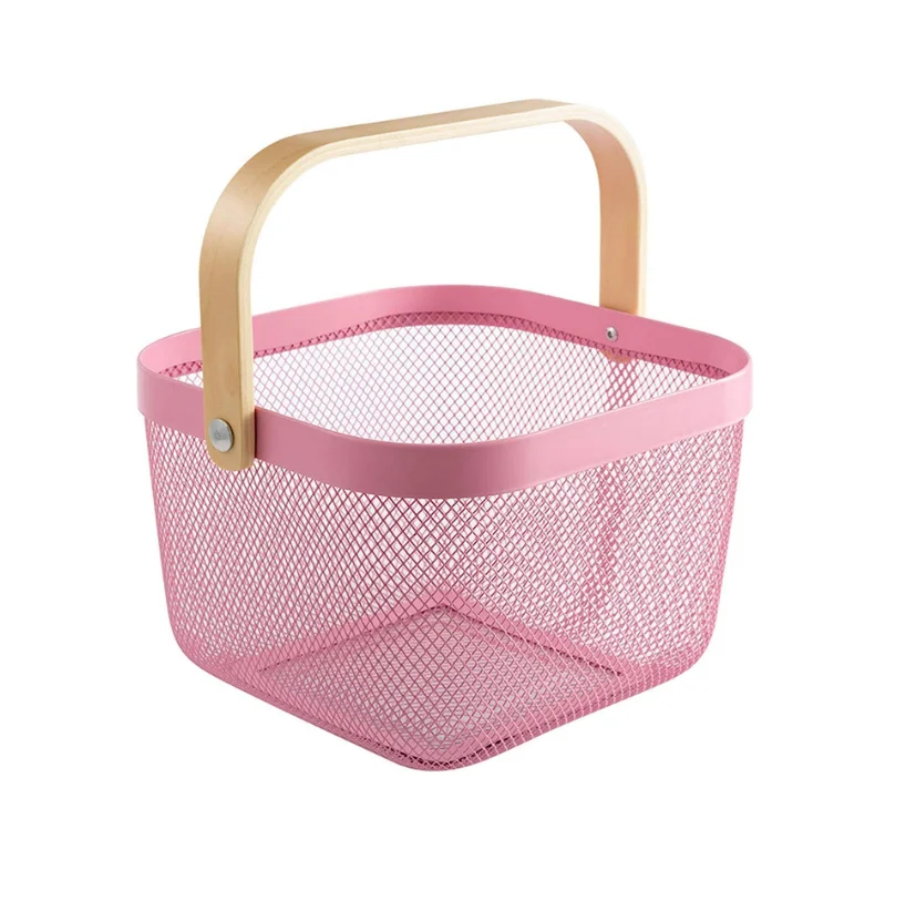 Mesh Steel Fruit Basket Bin with Wood Handle Hanging Storage Organizer Farmhouse Harvest Gardening Basket