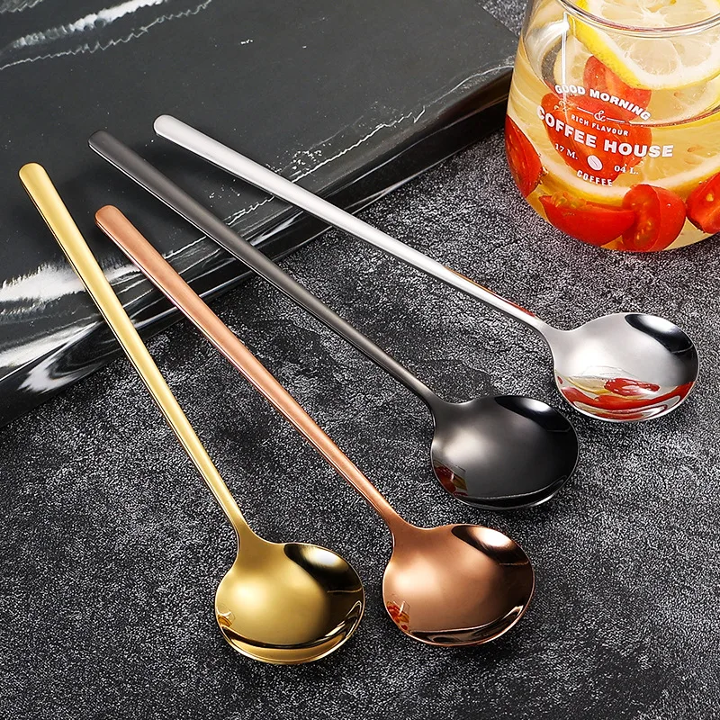 Coffee Spoon Stainless Steel Round Head Long Handle Ice Cream Stirring Dessert Honey Mixing Spoon Kitchen Tableware Decoration
