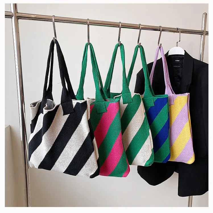 Hangai Factory New Designer Knitted Shoulder Bag Shopping Unique Bag Stripe Tote Handbag