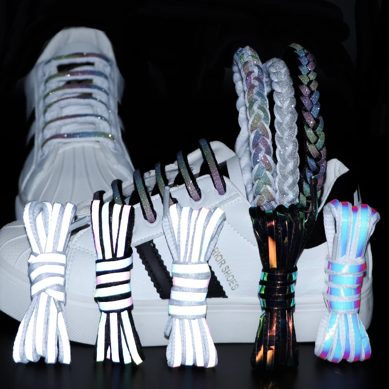 1 Pair Reflective Shoelaces Luminous Shoelaces Laser Sequin Weave Bracelet Sneakers Shoe Laces Adult Children Shoe Strings
