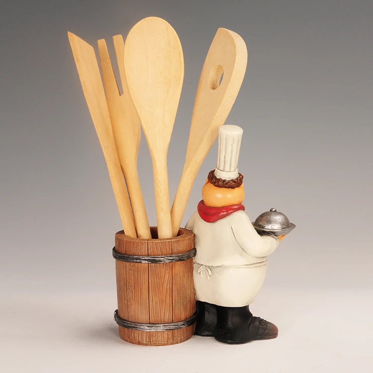 
Wholesale resin figurine for table deco polyresin chef with wood utensil holder resin chef statue utensil holder 